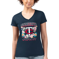 Minnesota Twins G-III 4Her by Carl Banks Women's Super-Slim Fit Lightweight Flowers Graphic V-Neck T-Shirt Clearance