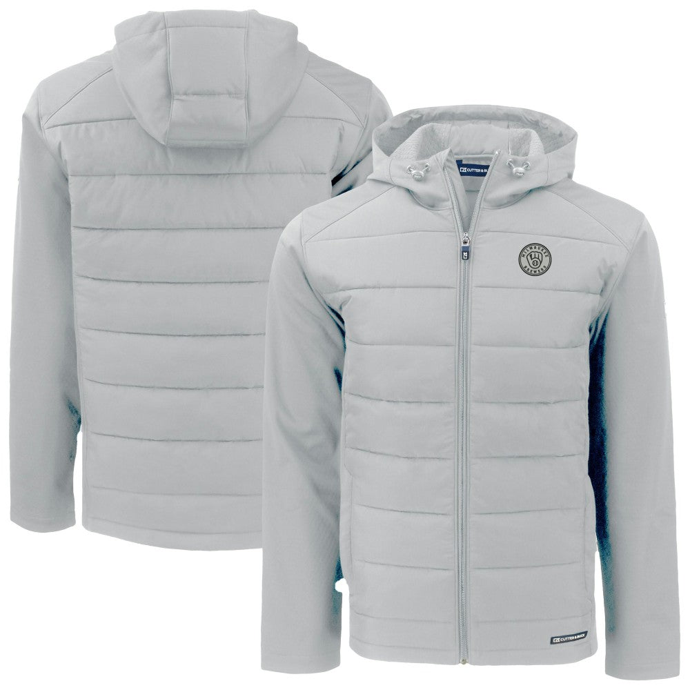 Milwaukee Brewers Cutter & Buck Evoke Hybrid Eco Softshell Recycled Full-Zip Hooded Jacket Lifestyle