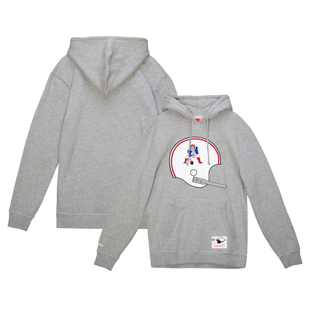 New England Patriots Helmet Logo Vintage Pullover Hoodie Heather Gray - Mitchell & Ness