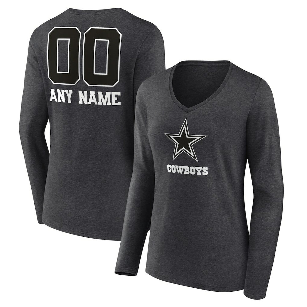 Dallas Cowboys Women's Personalized Name & Number Monochrome V-neck T-Shirt Charcoal - NFL
