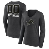 Detroit Lions Women's Personalized Name & Number Monochrome V-neck T-Shirt Charcoal - NFL