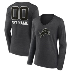 Detroit Lions Women's Personalized Name & Number Monochrome V-neck T-Shirt Charcoal - NFL