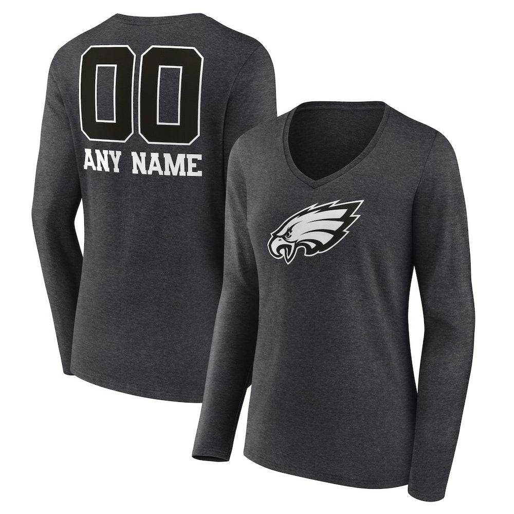 Philadelphia Eagles Women's Personalized Name & Number Monochrome V-neck T-Shirt Charcoal - NFL