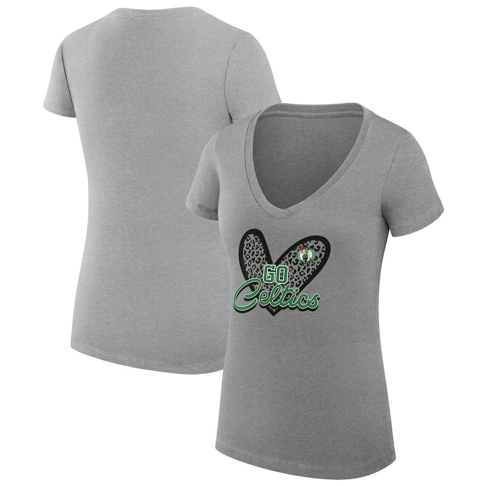 NBA - Boston Celtics G-III 4Her by Carl Banks Women's Super-Slim Fit Lightweight Leopard Heart V-Neck T-Shirt - Heather Gray