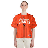 San Francisco Giants New Era Women's 2025 City Connect Boxy Pinstripe T-Shirt Lifestyle