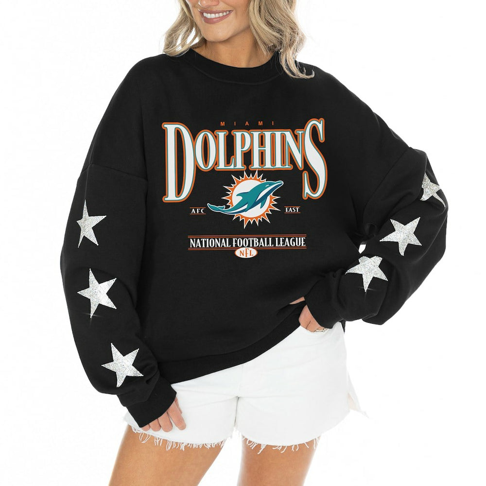 Miami Dolphins Gameday Couture Women's Rhinestone Star Sleeve Settle the Score Oversized Tri-Blend Pullover Black - NFL