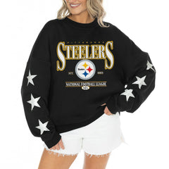 Pittsburgh Steelers Gameday Couture Women's Rhinestone Star Sleeve Settle the Score Oversized Tri-Blend Pullover Black - NFL