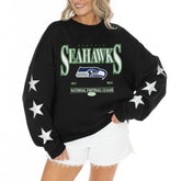 Seattle Seahawks Gameday Couture Women's Rhinestone Star Sleeve Settle the Score Oversized Tri-Blend Pullover Black - NFL