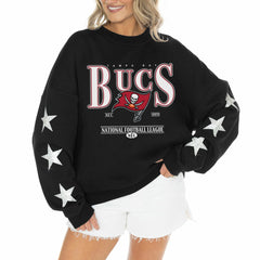 Tampa Bay Buccaneers Gameday Couture Women's Rhinestone Star Sleeve Settle the Score Oversized Tri-Blend Pullover Black - NFL