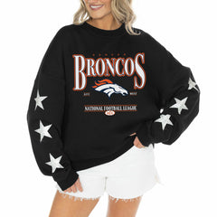 Denver Broncos Gameday Couture Women's Rhinestone Star Sleeve Settle the Score Oversized Tri-Blend Pullover Black - NFL