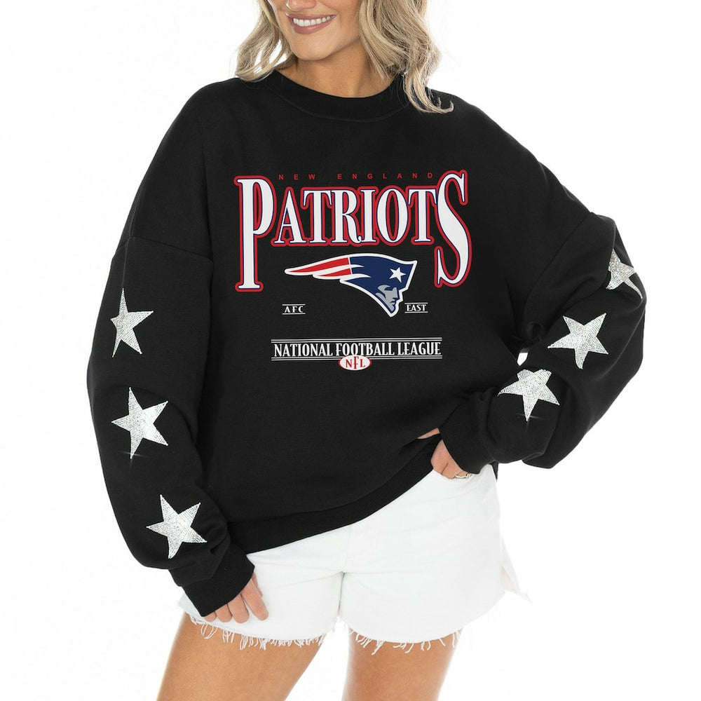 New England Patriots Gameday Couture Women's Rhinestone Star Sleeve Settle the Score Oversized Tri-Blend Pullover Black - NFL
