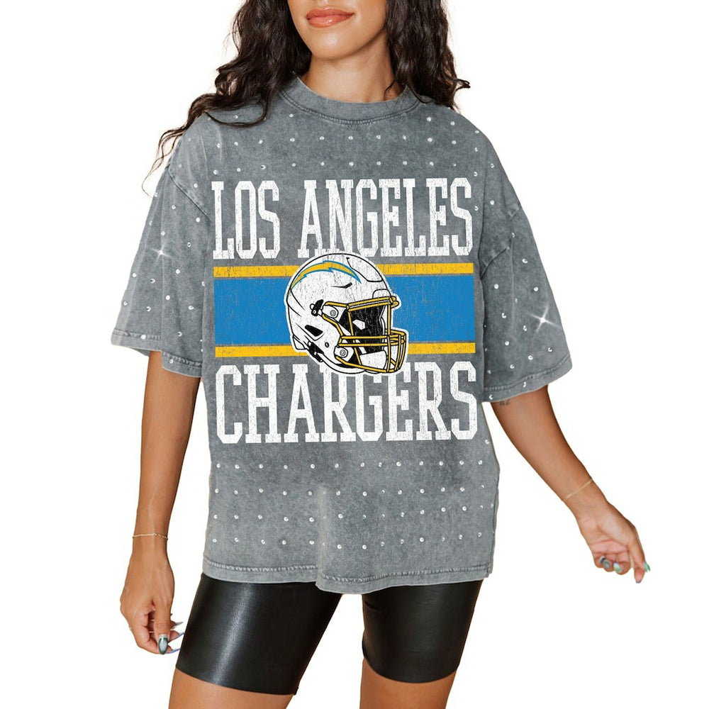 Los Angeles Chargers Gameday Couture Women's Oversized Mini Rhinestone Classic T-Shirt Gray - NFL