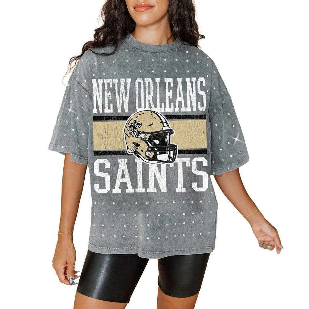 New Orleans Saints Gameday Couture Women's Oversized Mini Rhinestone Classic T-Shirt Gray - NFL