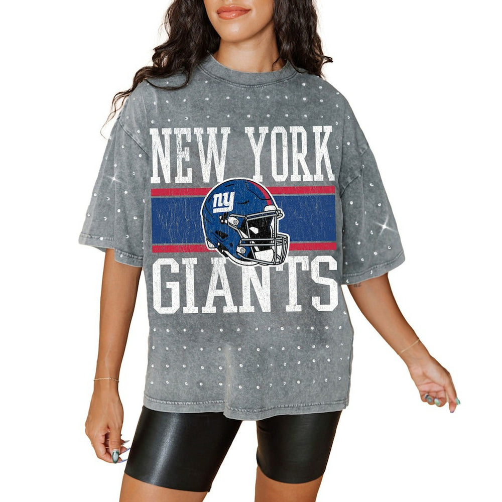 New York Giants Gameday Couture Women's Oversized Mini Rhinestone Classic T-Shirt Gray - NFL