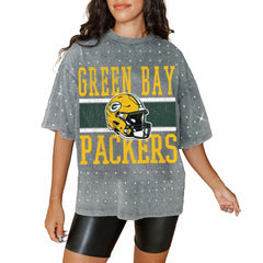 Green Bay Packers Gameday Couture Women's Oversized Mini Rhinestone Classic T-Shirt Gray - NFL