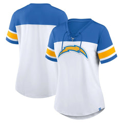 Los Angeles Chargers Women's Athena Rhinestone Lace-Up V-Neck T-Shirt White/Powder Blue - Fanatics