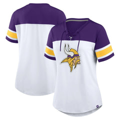 Minnesota Vikings Women's Athena Rhinestone Lace-Up V-Neck T-Shirt White/Purple - Fanatics