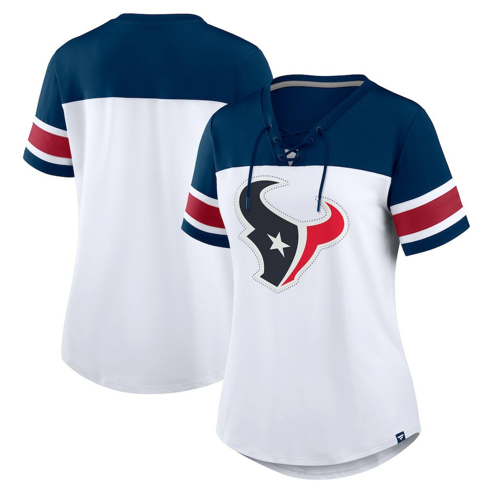 Houston Texans Women's Athena Rhinestone Lace-Up V-Neck T-Shirt White/Navy - Fanatics