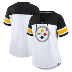 Pittsburgh Steelers Women's Athena Rhinestone Lace-Up V-Neck T-Shirt White/Black - Fanatics