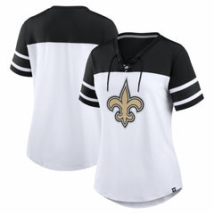 New Orleans Saints Women's Athena Rhinestone Lace-Up V-Neck T-Shirt White/Black - Fanatics
