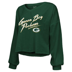 Jordan Love Green Bay Packers Majestic Threads Women's Name & Number Off-Shoulder Script Cropped Long Sleeve Relaxed V-Neck T-Shirt Green - NFL