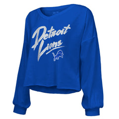 Amon-Ra St. Brown Detroit Lions Majestic Threads Women's Name & Number Off-Shoulder Script Cropped Long Sleeve Relaxed V-Neck T-Shirt Blue - NFL