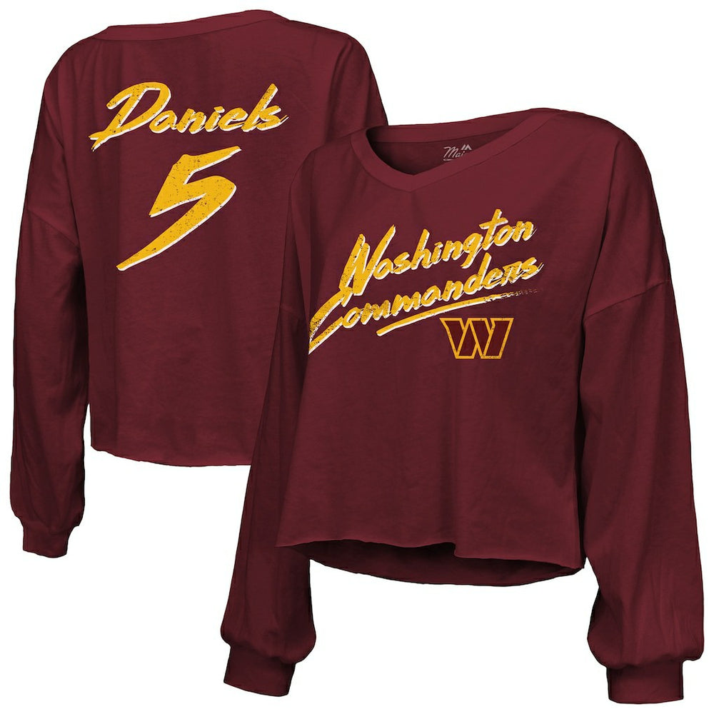 Jayden Daniels Washington Commanders Majestic Threads Women's Name & Number Off-Shoulder Script Cropped Long Sleeve Relaxed V-Neck T-Shirt Burgundy - NFL