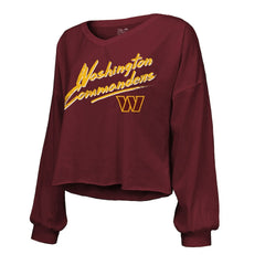 Jayden Daniels Washington Commanders Majestic Threads Women's Name & Number Off-Shoulder Script Cropped Long Sleeve Relaxed V-Neck T-Shirt Burgundy - NFL