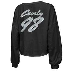 Maxx Crosby Las Vegas Raiders Majestic Threads Women's Name & Number Off-Shoulder Script Cropped Long Sleeve Relaxed V-Neck T-Shirt Black - NFL