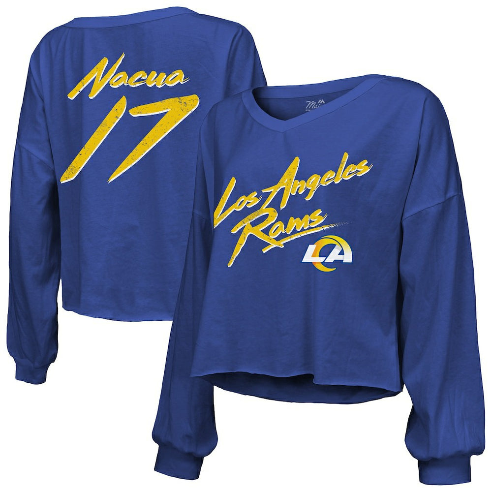 Puka Nacua Los Angeles Rams Majestic Threads Women's Off-Shoulder Script Player Name & Number Cropped Long Sleeve V-Neck T-Shirt Royal - NFL