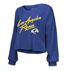 Puka Nacua Los Angeles Rams Majestic Threads Women's Off-Shoulder Script Player Name & Number Cropped Long Sleeve V-Neck T-Shirt Royal - NFL