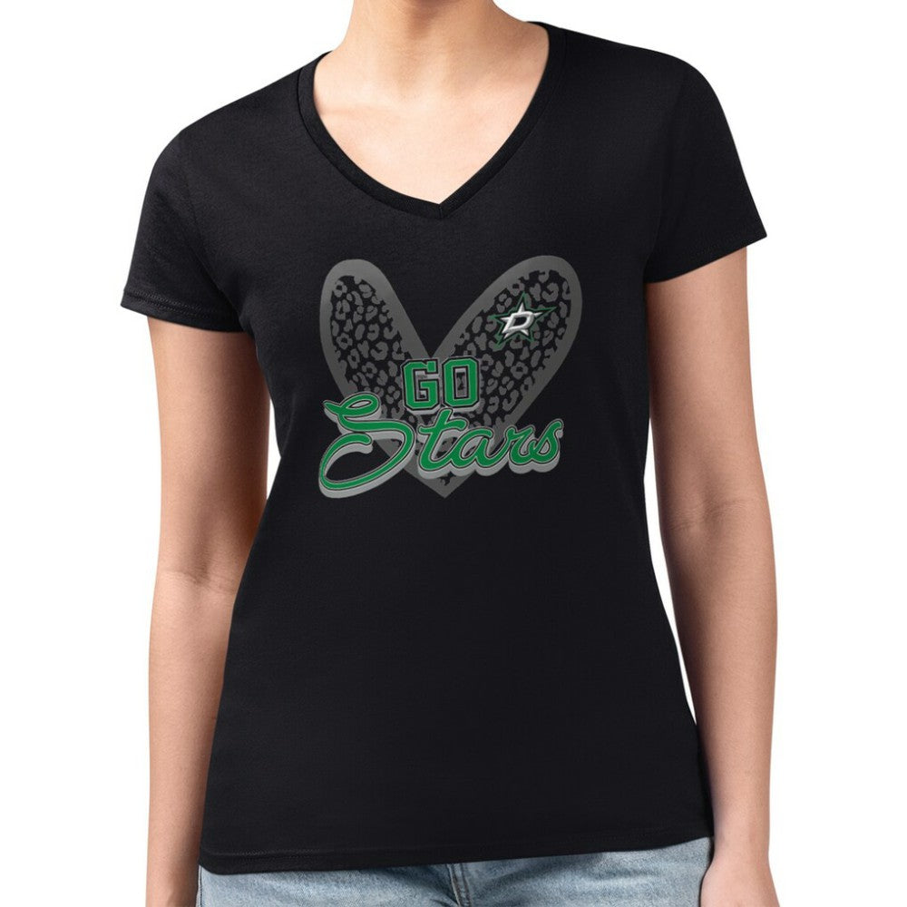 Dallas Stars - G-III 4Her by Carl Banks Women's Super-Slim Fit Lightweight Animal Print Heart V-Neck T-Shirt Black