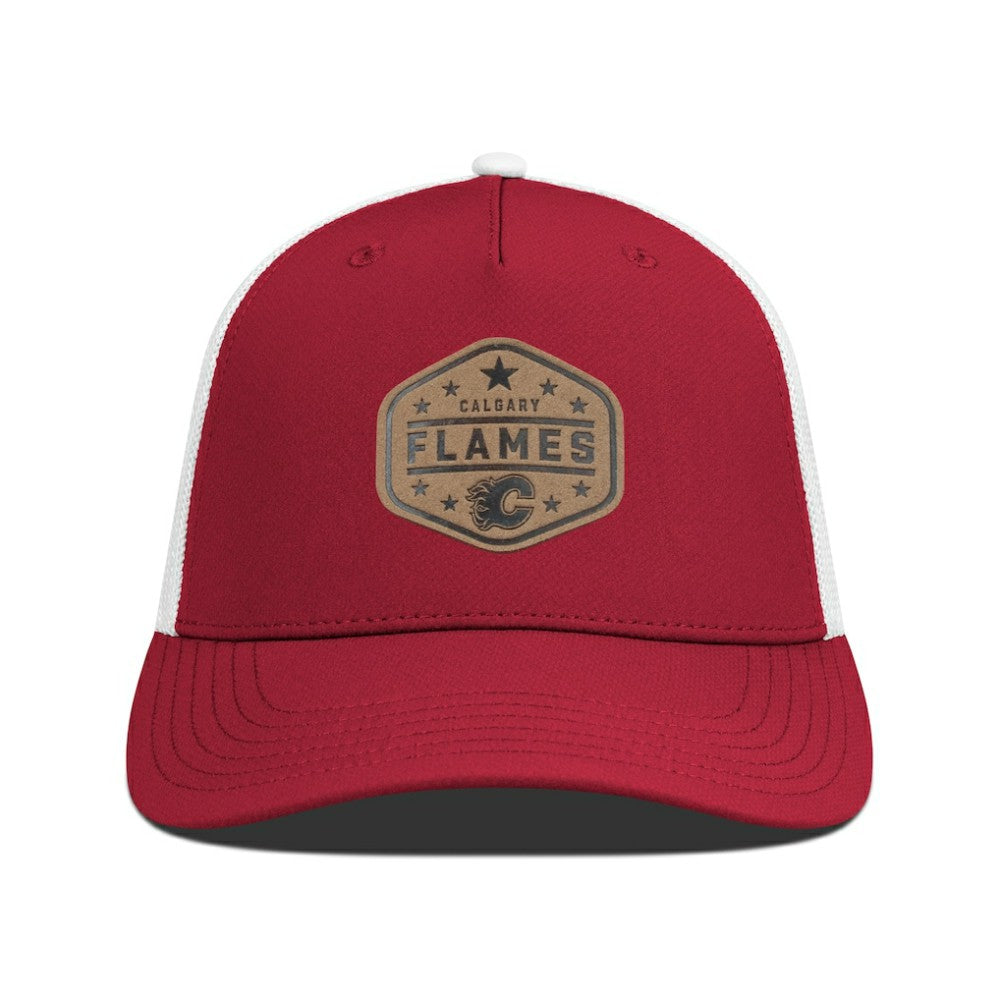 Calgary Flames - Men's Levelwear Faux Leather Patch Structured Adjustable Hat Red