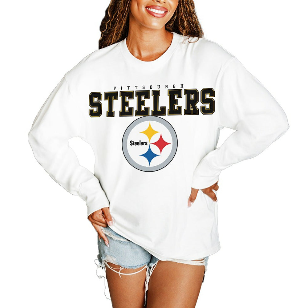 Pittsburgh Steelers Gameday Couture Women's Big Goals Oversized Long Sleeve T-Shirt White - NFL