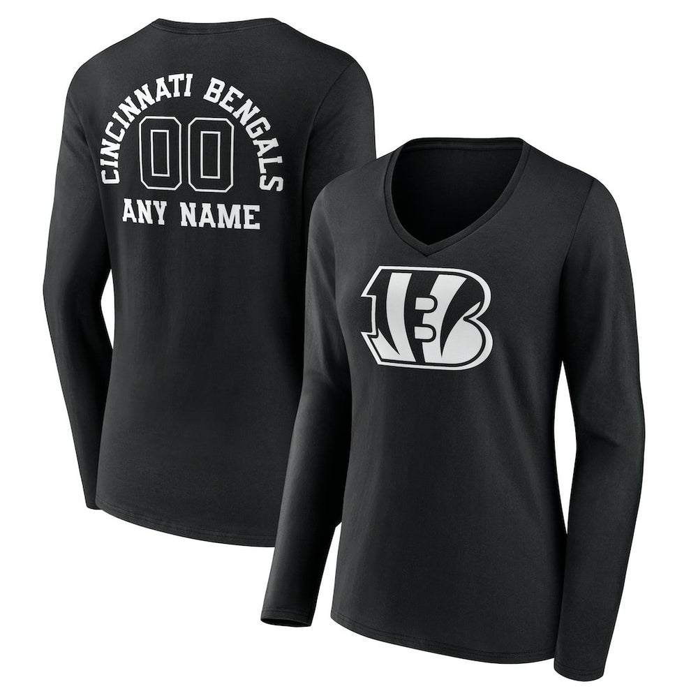 Cincinnati Bengals Women's Personalized Name & Number Monochrome Long Sleeve V-Neck T-Shirt Black - NFL