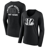 Cincinnati Bengals Women's Personalized Name & Number Monochrome Long Sleeve V-Neck T-Shirt Black - NFL