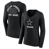 Dallas Cowboys Women's Personalized Name & Number Monochrome Long Sleeve V-Neck T-Shirt Black - NFL