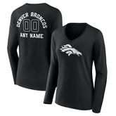 Denver Broncos Women's Personalized Name & Number Monochrome Long Sleeve V-Neck T-Shirt Black - NFL