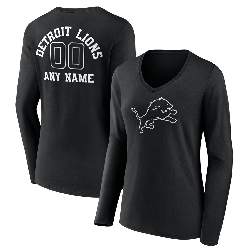 Detroit Lions Women's Personalized Name & Number Monochrome Long Sleeve V-Neck T-Shirt Black - NFL