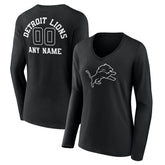 Detroit Lions Women's Personalized Name & Number Monochrome Long Sleeve V-Neck T-Shirt Black - NFL