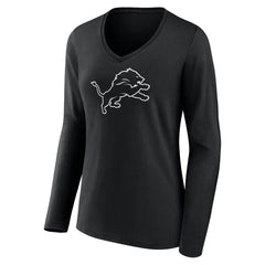 Detroit Lions Women's Personalized Name & Number Monochrome Long Sleeve V-Neck T-Shirt Black - NFL