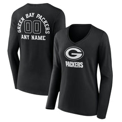 Green Bay Packers Women's Personalized Name & Number Monochrome Long Sleeve V-Neck T-Shirt Black - NFL