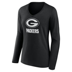 Green Bay Packers Women's Personalized Name & Number Monochrome Long Sleeve V-Neck T-Shirt Black - NFL