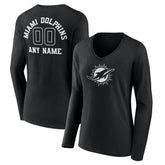 Miami Dolphins Women's Personalized Name & Number Monochrome Long Sleeve V-Neck T-Shirt Black - NFL