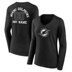 Miami Dolphins Women's Personalized Name & Number Monochrome Long Sleeve V-Neck T-Shirt Black - NFL