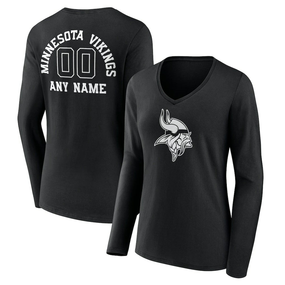 Minnesota Vikings Women's Personalized Name & Number Monochrome Long Sleeve V-Neck T-Shirt Black - NFL