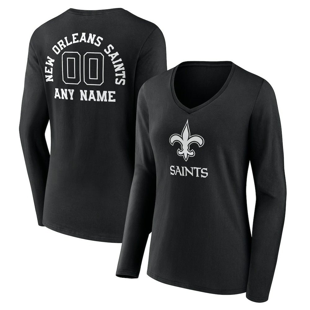 New Orleans Saints Women's Personalized Name & Number Monochrome Long Sleeve V-Neck T-Shirt Black - NFL