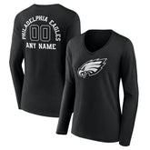 Philadelphia Eagles Women's Personalized Name & Number Monochrome Long Sleeve V-Neck T-Shirt Black - NFL