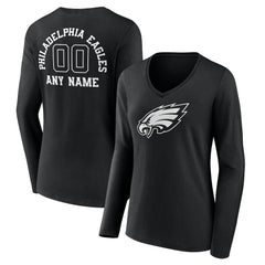 Philadelphia Eagles Women's Personalized Name & Number Monochrome Long Sleeve V-Neck T-Shirt Black - NFL