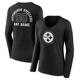 Pittsburgh Steelers Women's Personalized Name & Number Monochrome Long Sleeve V-Neck T-Shirt Black - NFL